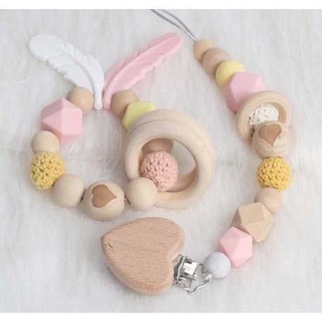Ensemble anneau de dentition, attache tétine Coeur rose