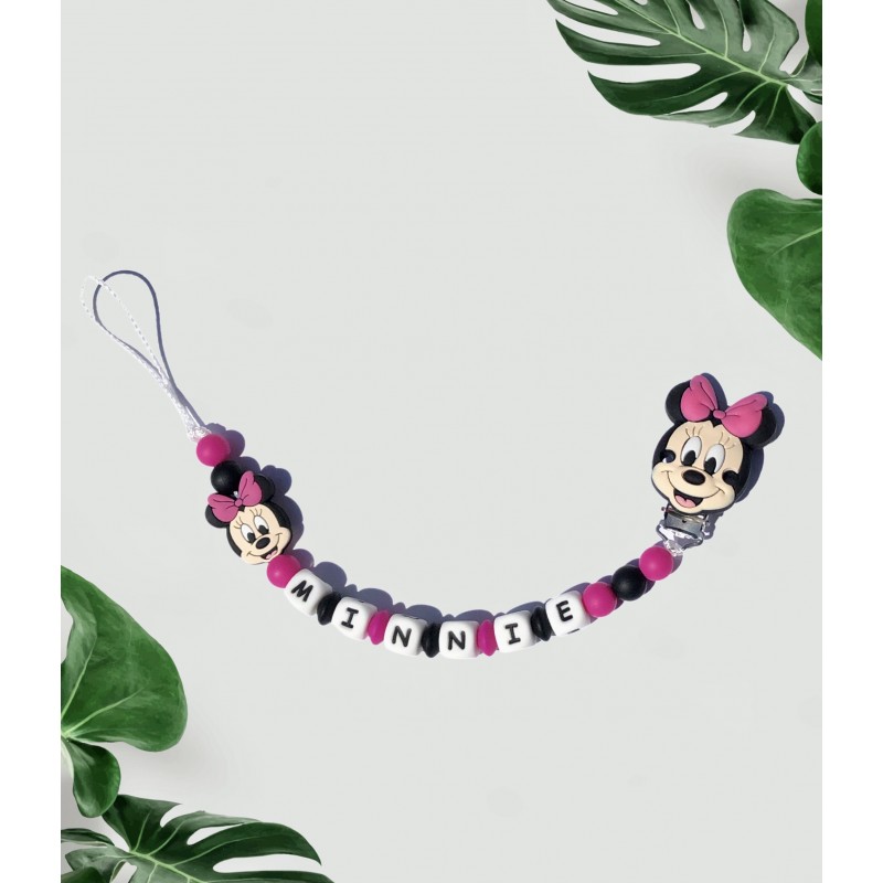 Attache tétine silicone Minnie, attache sucette personnalisée